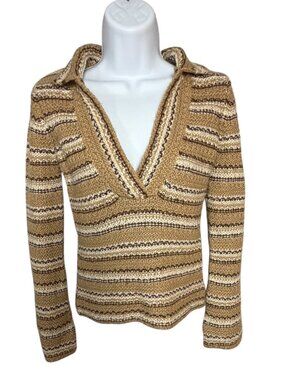 Easel S Wool Mohair Vintage Y2K Stripe Johnny Collar Sweater Brown Boho